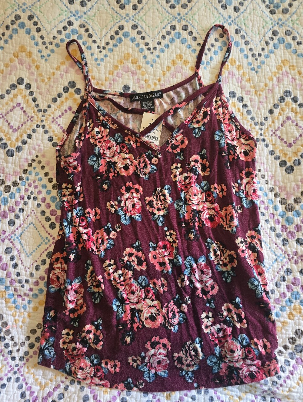 American Dream cami tank top dark maroon base vibrant floral print v-neck cutout